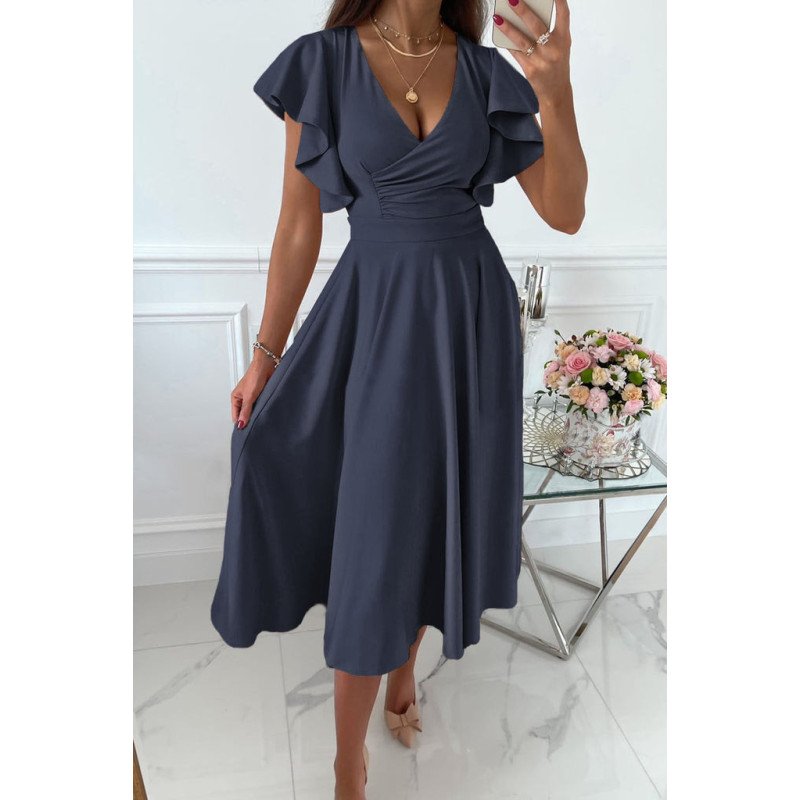 Womens V Neck Ruffle Sleeve Wrap Dress Midi Dress Cocktail Party Dress