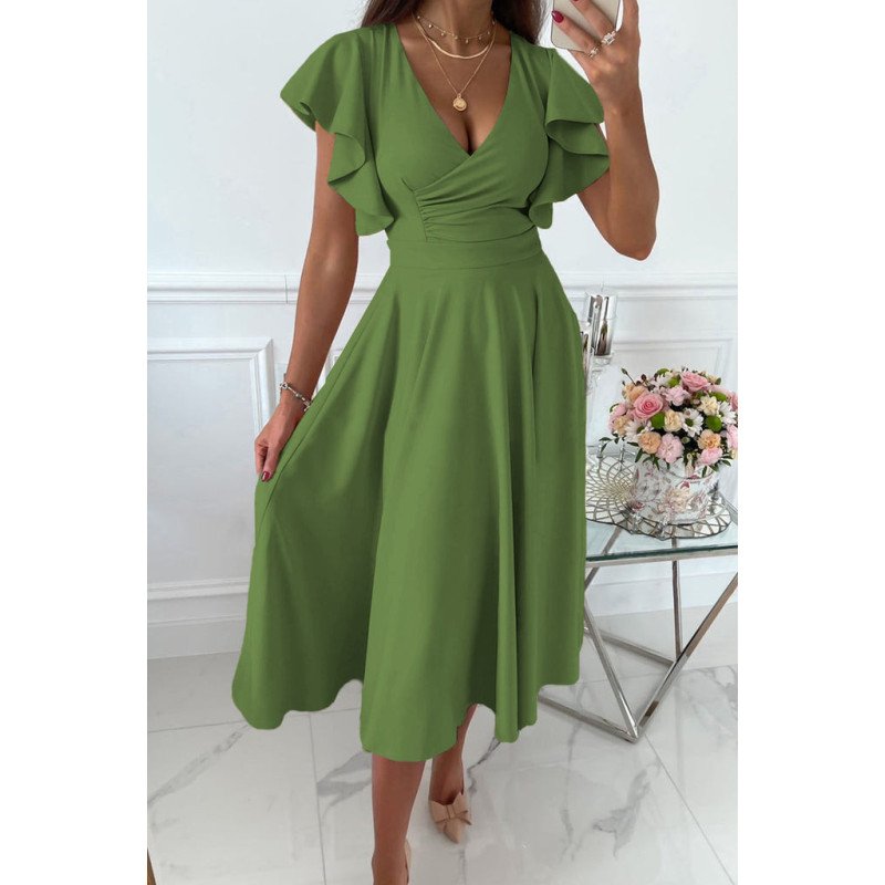 Womens V Neck Ruffle Sleeve Wrap Dress Midi Dress Cocktail Party Dress