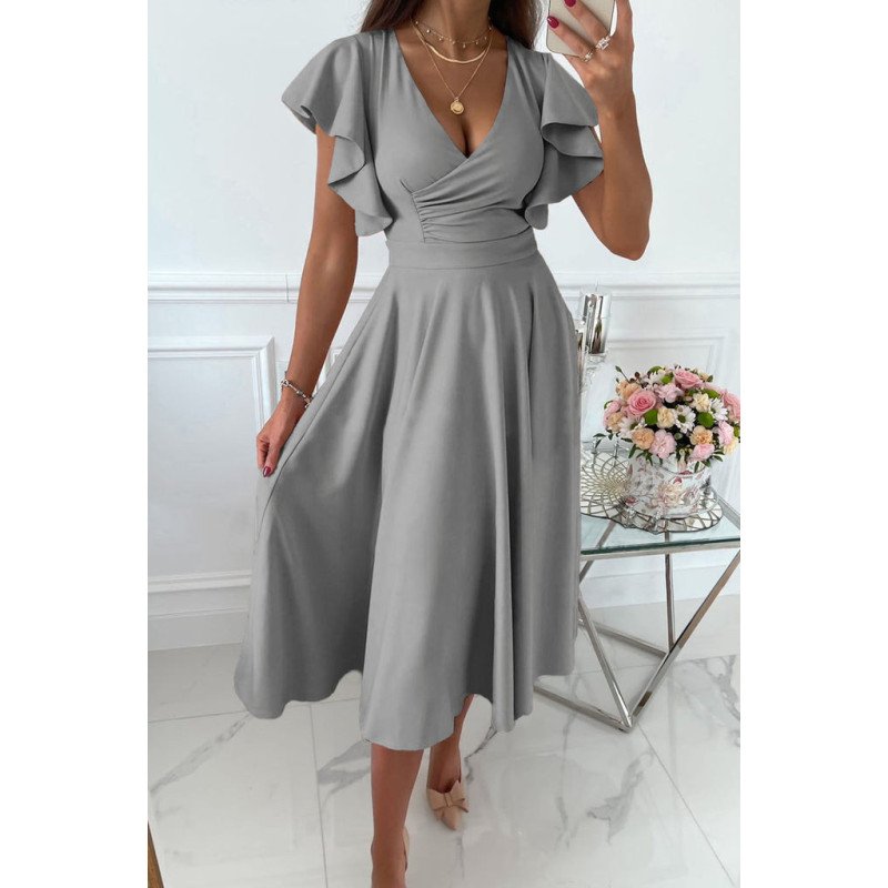 Womens V Neck Ruffle Sleeve Wrap Dress Midi Dress Cocktail Party Dress