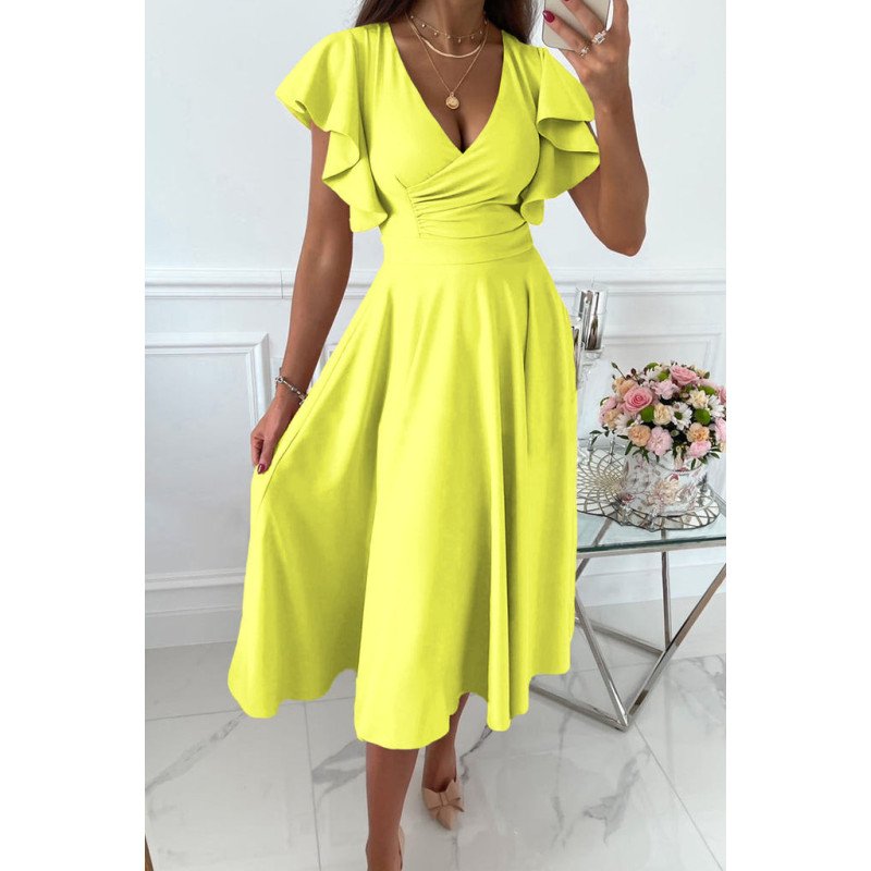 Womens V Neck Ruffle Sleeve Wrap Dress Midi Dress Cocktail Party Dress