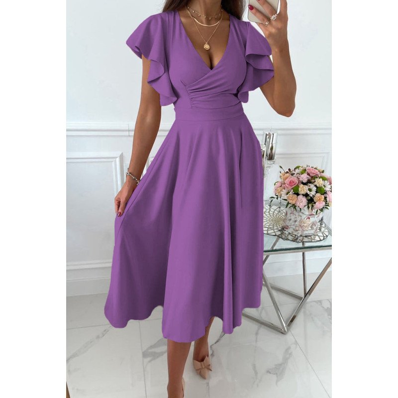 Womens V Neck Ruffle Sleeve Wrap Dress Midi Dress Cocktail Party Dress
