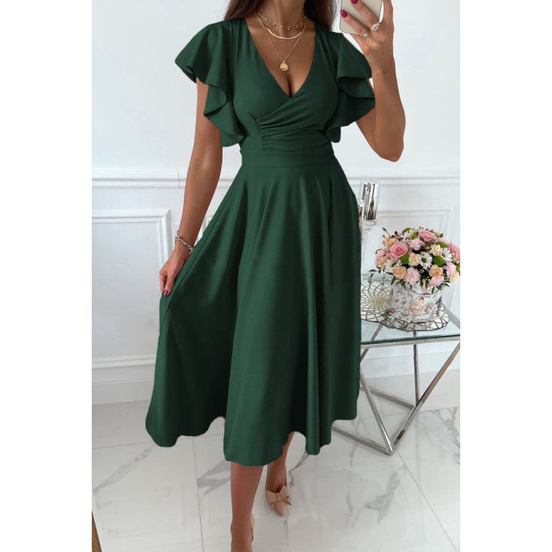 Womens V Neck Ruffle Sleeve Wrap Dress Midi Dress Cocktail Party Dress
