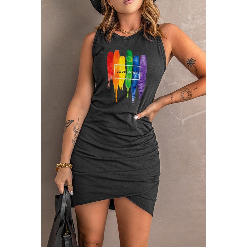 Love Wins Rainbow Printed Ruched Sleeveless Bodycon Tank Short Mini Dress