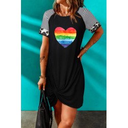 Womens Pride Rainbow Heart Shape Mini Dress Striped Short Sleeve Dresses