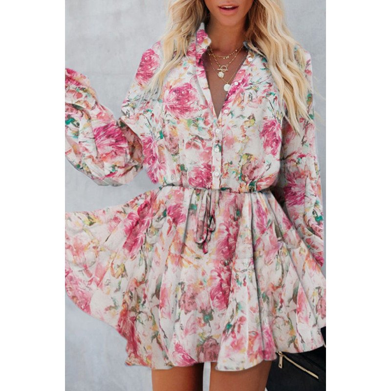 Women's Floral Print Drawstring Flowy Mini Dress with Tie