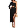 Women's Elegant One Shoulder Bodycon Midi Dress Cutout Waist Slit Cocktail Dresses