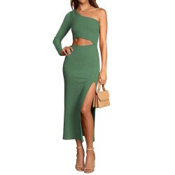Women's Elegant One Shoulder Bodycon Midi Dress Cutout Waist Slit Cocktail Dresses