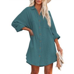 Women's V Neck Long Sleeve Shirt Dress Button Down Tunic Top Casual Blouse