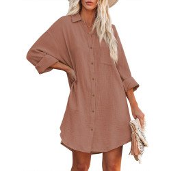 Women's V Neck Long Sleeve Shirt Dress Button Down Tunic Top Casual Blouse