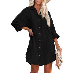 Women's V Neck Long Sleeve Shirt Dress Button Down Tunic Top Casual Blouse