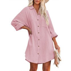 Women's V Neck Long Sleeve Shirt Dress Button Down Tunic Top Casual Blouse