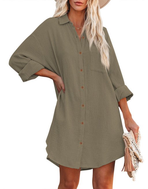 Women's V Neck Long Sleeve Shirt Dress Button Down Tunic Top Casual Blouse
