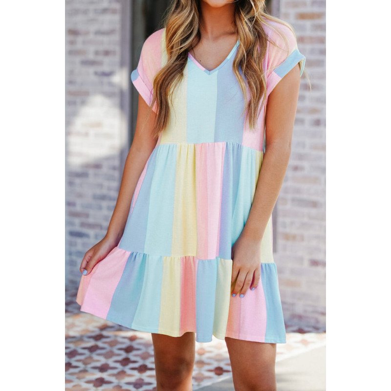 V Neck Short Sleeve Mini Dress Striped Color Block Tiered A-Line Swing Short Dresses