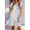V Neck Short Sleeve Mini Dress Striped Color Block Tiered A-Line Swing Short Dresses