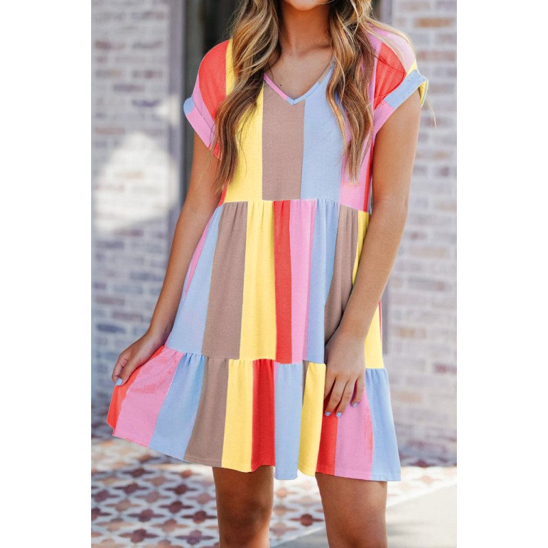 V Neck Short Sleeve Mini Dress Striped Color Block Tiered A-Line Swing Short Dresses