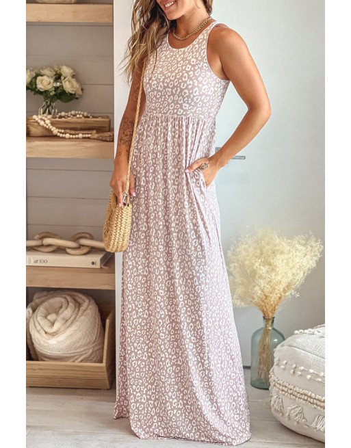 Women's Summer Sleeveless Loose Maxi Dress Leopard Print Pocketed Long Dress