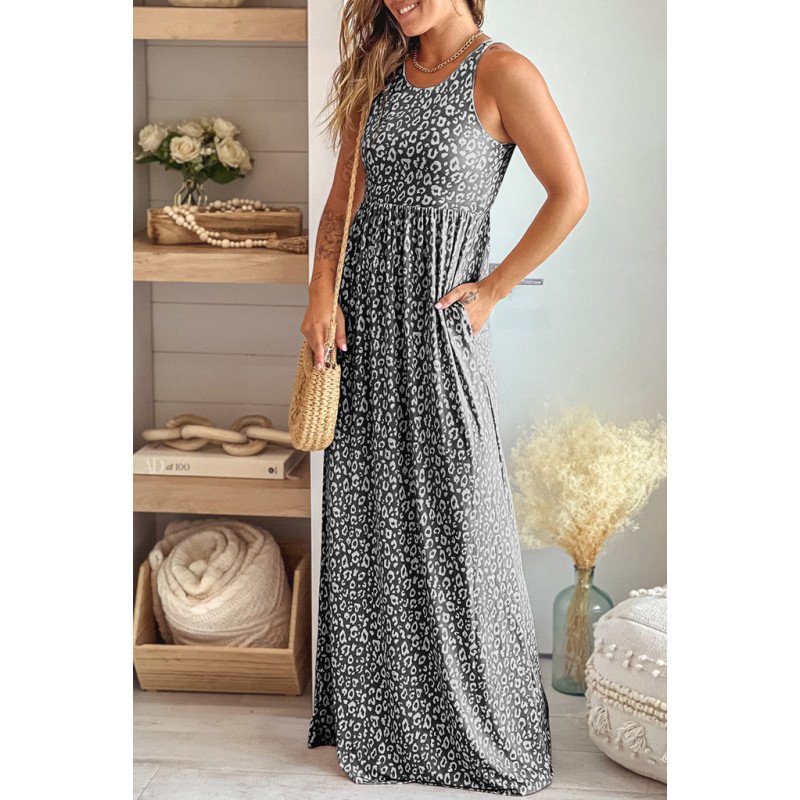 Women's Summer Sleeveless Loose Maxi Dress Leopard Print Pocketed Long Dress
