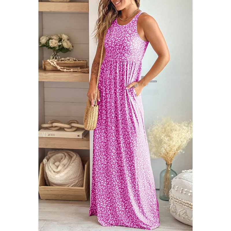Women's Summer Sleeveless Loose Maxi Dress Leopard Print Pocketed Long Dress