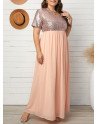 Plus Size Short Sleeve Sequin Splicing Mesh Maxi Dress