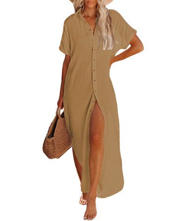 Women's Cover Up Short Sleeve Button Down Summer Beach Maxi Dress