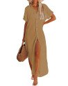 Women's Cover Up Short Sleeve Button Down Summer Beach Maxi Dress