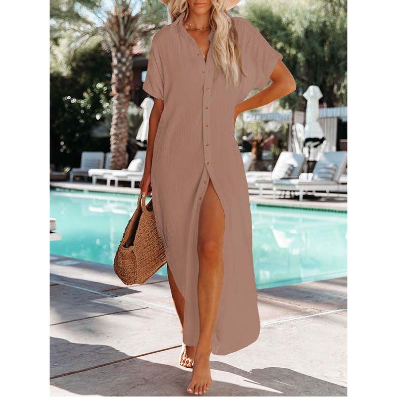 Women's Cover Up Short Sleeve Button Down Summer Beach Maxi Dress