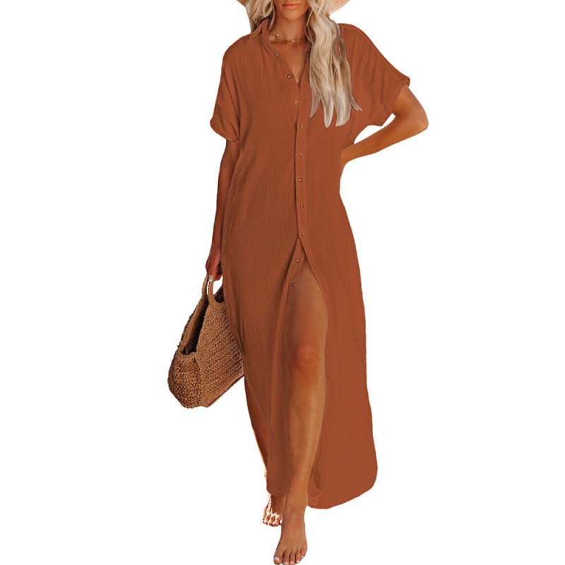 Women's Cover Up Short Sleeve Button Down Summer Beach Maxi Dress