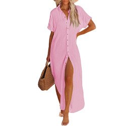 Women's Cover Up Short Sleeve Button Down Summer Beach Maxi Dress