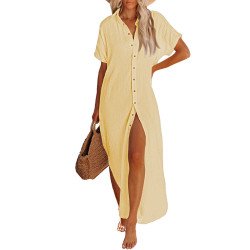 Women's Cover Up Short Sleeve Button Down Summer Beach Maxi Dress