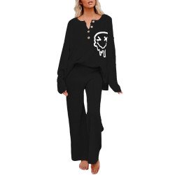 Women's 2 Piece Outfits Printed Knit Pullover Top Loose Wide Leg Pants Matching Lounge Sets