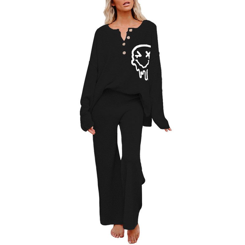 Women's 2 Piece Outfits Printed Knit Pullover Top Loose Wide Leg Pants Matching Lounge Sets