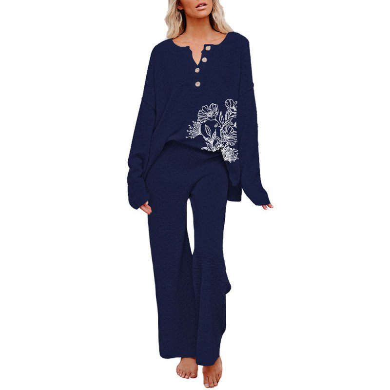 Women's 2 Piece Outfit Sweatsuit Floral Button Knit Long Sleeve Wide Leg Pants Lounge Set