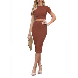 Women's 2 Piece Summer Outfits Knit Crop Top Ribbed Bodycon Midi Skirt