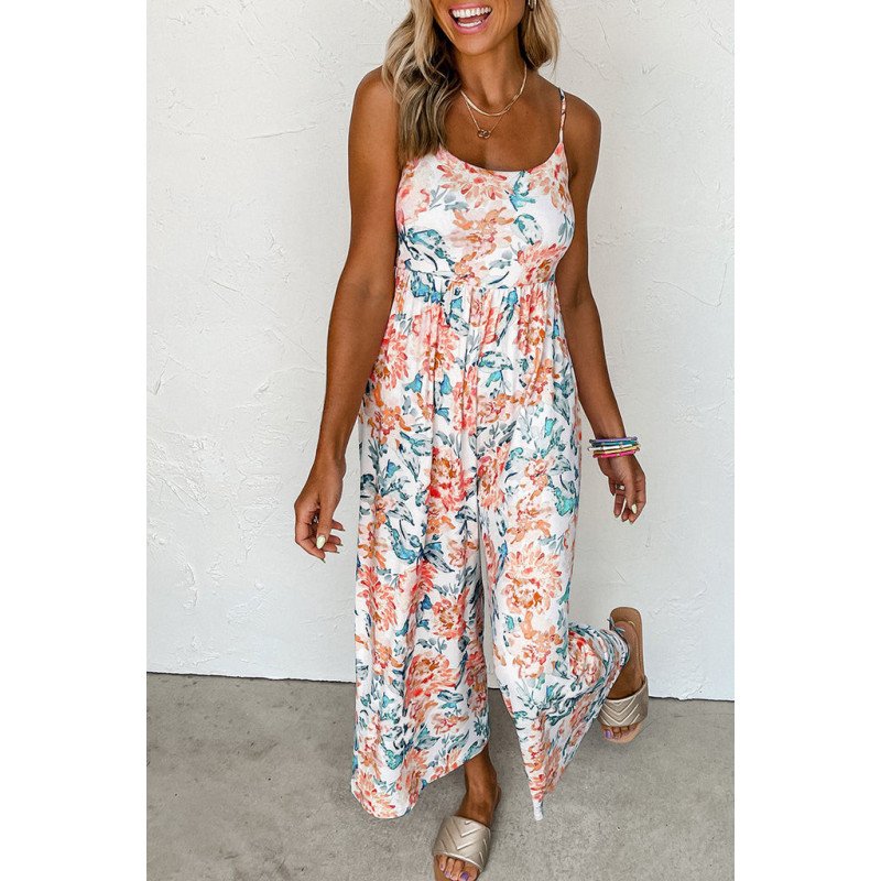 Women's Loose Casual Sleeveless Jumpsuits Floral Wide Leg Rompers Wide Leg Pants