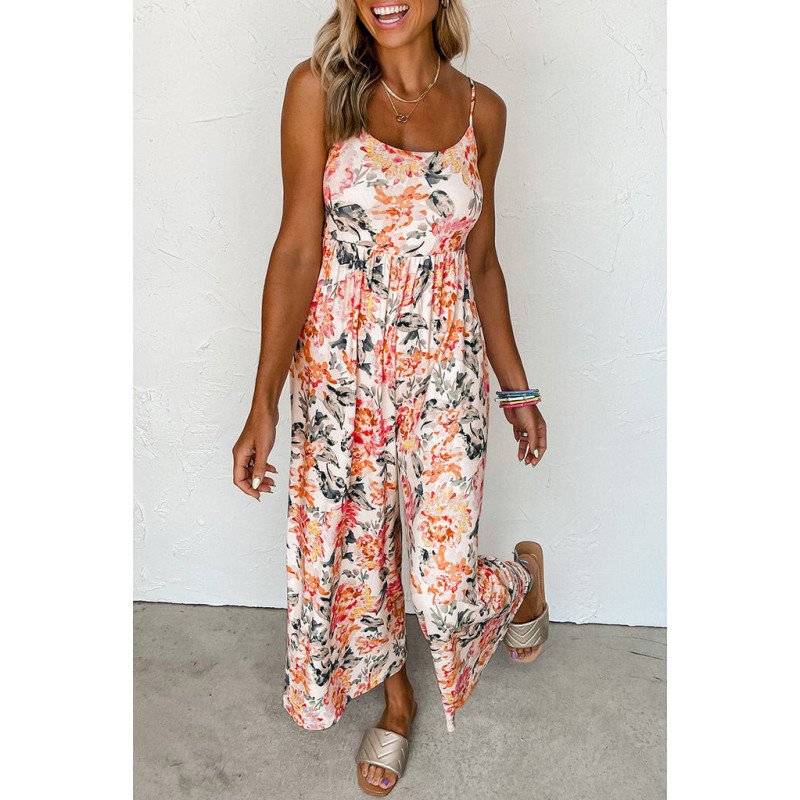 Women's Loose Casual Sleeveless Jumpsuits Floral Wide Leg Rompers Wide Leg Pants