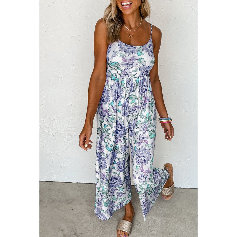 Women's Loose Casual Sleeveless Jumpsuits Floral Wide Leg Rompers Wide Leg Pants