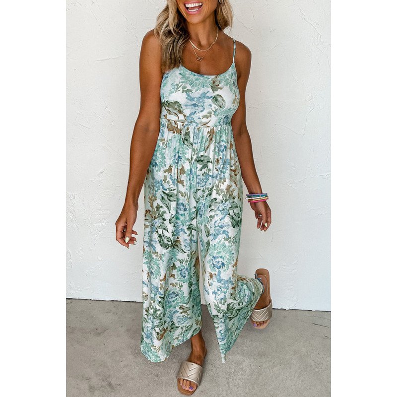 Women's Loose Casual Sleeveless Jumpsuits Floral Wide Leg Rompers Wide Leg Pants