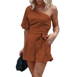 Women's Summer Jumpsuits One Shoulder Short Sleeve Romper