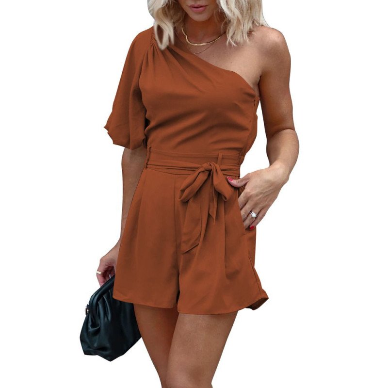 Women's Summer Jumpsuits One Shoulder Short Sleeve Romper