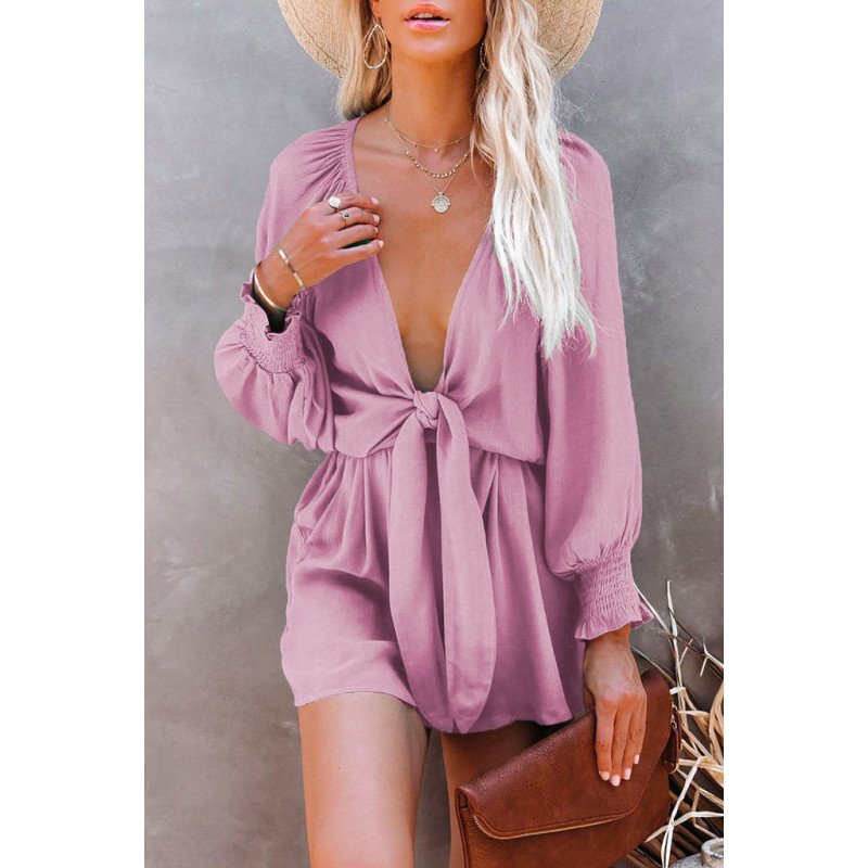 Women's Sexy V Neck Jumpsuits Chiffon Tie Knot Front Puff Long Sleeve Romper