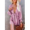 Women's Sexy V Neck Jumpsuits Chiffon Tie Knot Front Puff Long Sleeve Romper