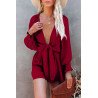 Women's Sexy V Neck Jumpsuits Chiffon Tie Knot Front Puff Long Sleeve Romper