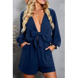 Women's Sexy V Neck Jumpsuits Chiffon Tie Knot Front Puff Long Sleeve Romper
