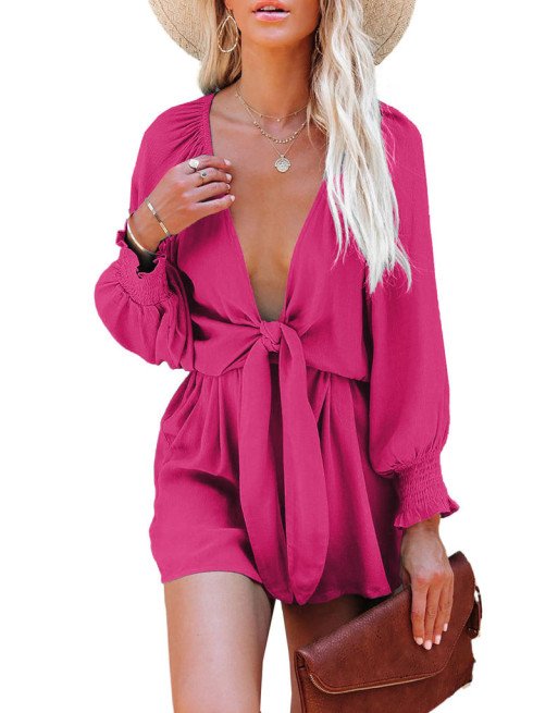 Women's Sexy V Neck Jumpsuits Chiffon Tie Knot Front Puff Long Sleeve Romper