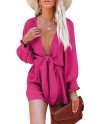 Women's Sexy V Neck Jumpsuits Chiffon Tie Knot Front Puff Long Sleeve Romper