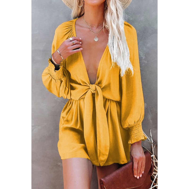 Women's Sexy V Neck Jumpsuits Chiffon Tie Knot Front Puff Long Sleeve Romper
