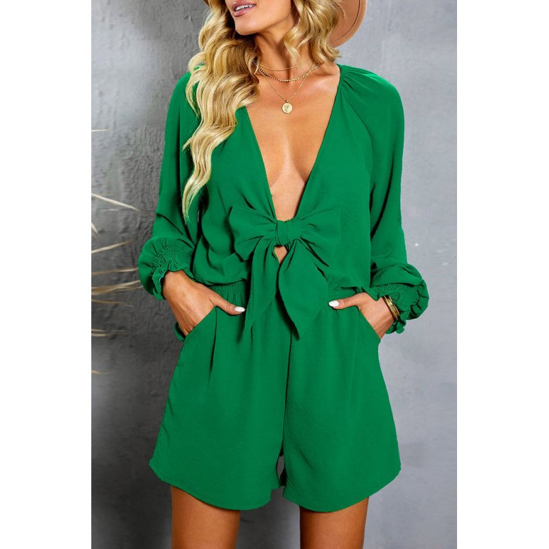 Women's Sexy V Neck Jumpsuits Chiffon Tie Knot Front Puff Long Sleeve Romper