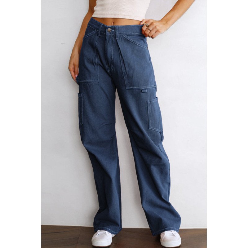 Women's High Waisted Straight Leg Cargo Pants Baggy Trousers Streetwear