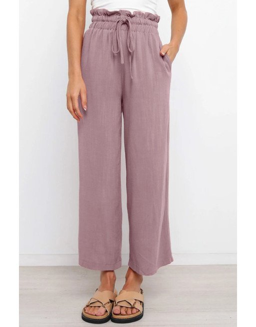 Women's High Waist Paper Bag Straight Leg Cropped Long Pants with Pocket