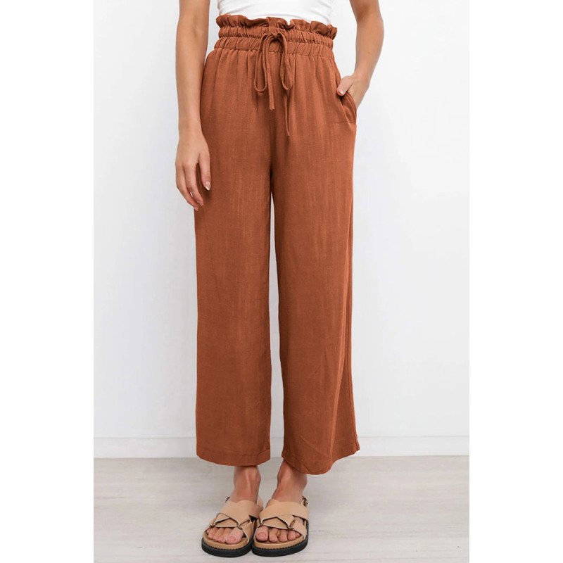 Women's High Waist Paper Bag Straight Leg Cropped Long Pants with Pocket